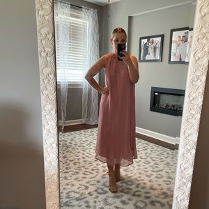 High neck pleated mauve midi dress